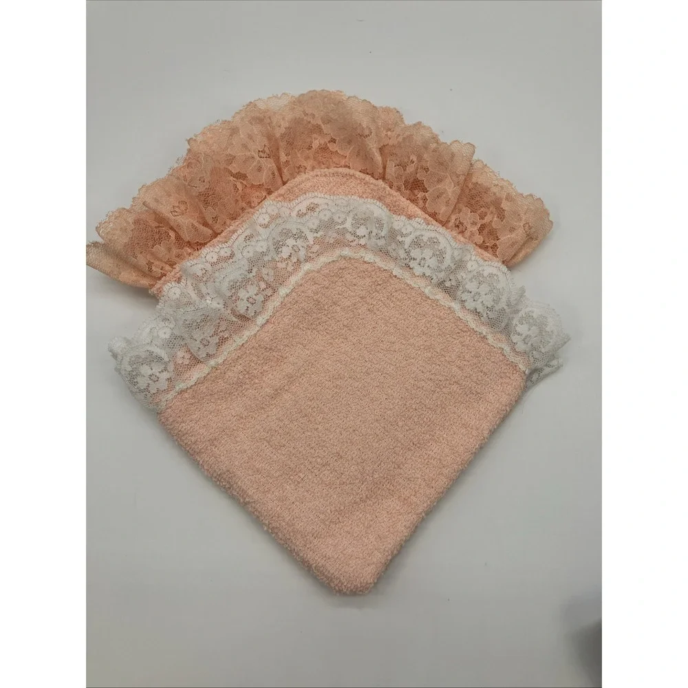 2 Vtg Cannon All Cotton Orange Peach Lace Washcloths USA Granny Cottage Coquette